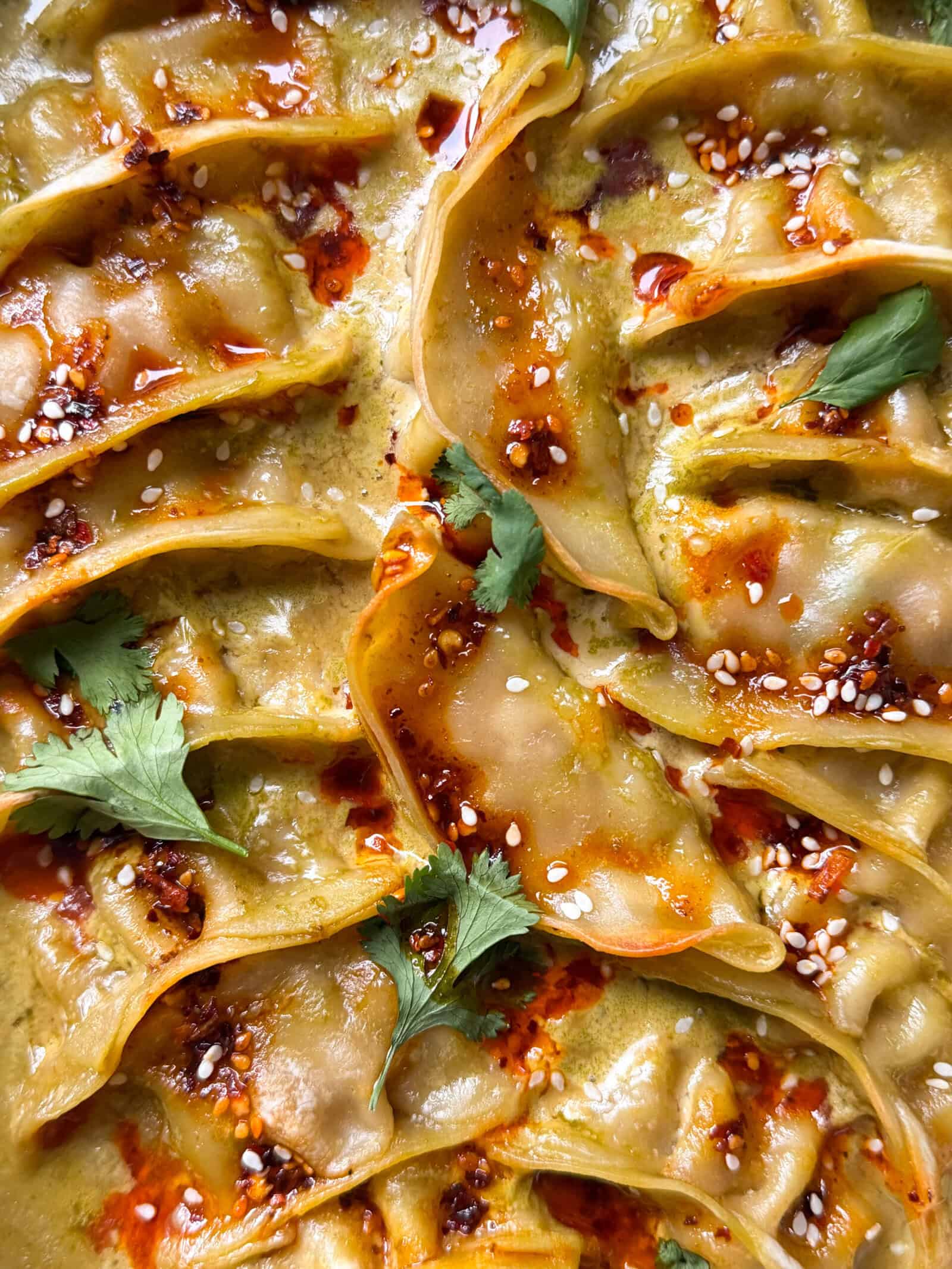 A close-up of several dumplings from a viral Dumpling Bake, topped with chili oil, sesame seeds, and cilantro leaves, arranged in a visually appealing pattern.