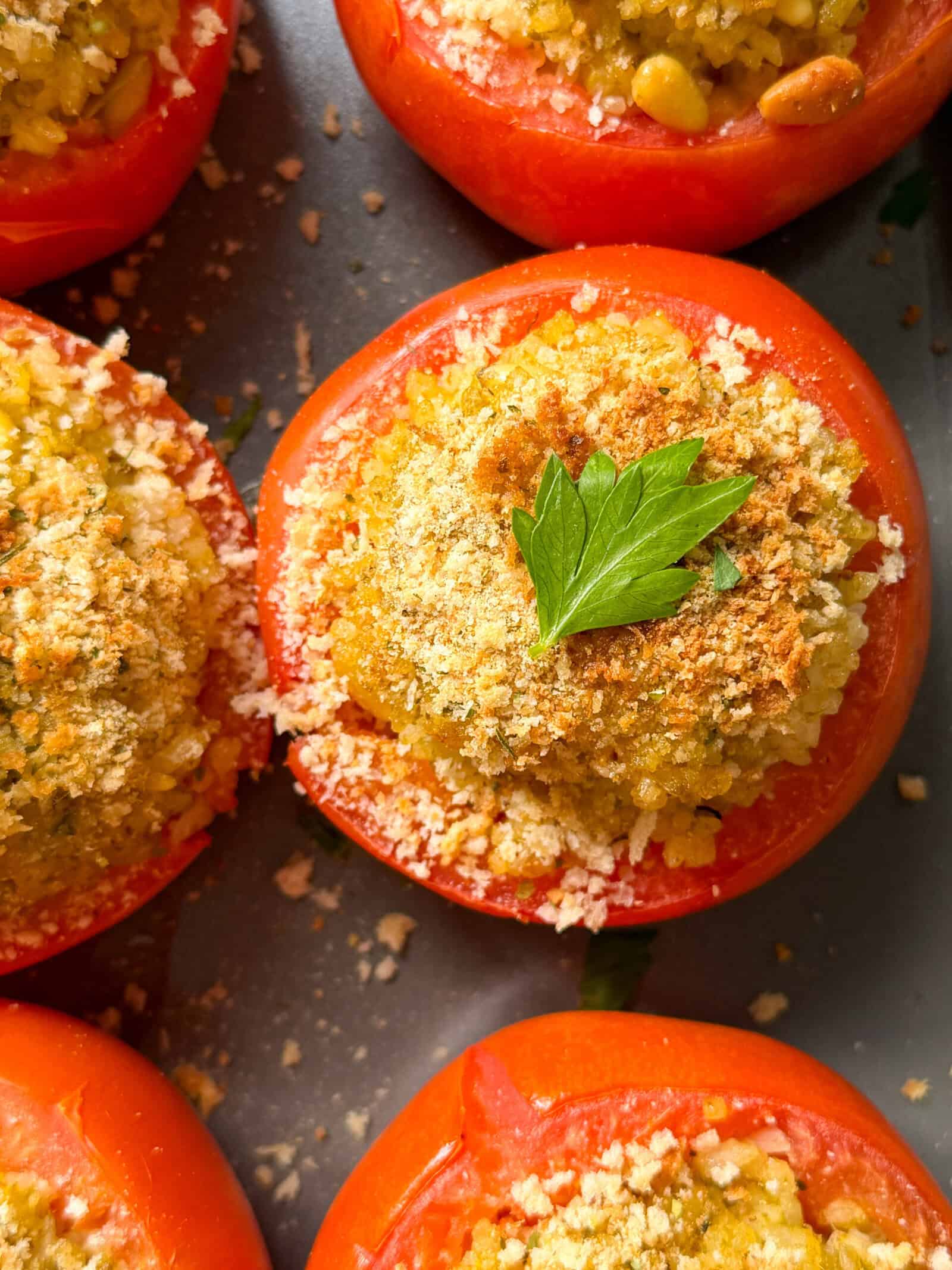 Close-up of stuffed tomatoes topped with breadcrumbs and a parsley leaf, arranged on a tray. The filling appears golden and textured, suggesting a baked, savory dish that showcases a classic stuffed tomatoes recipe.