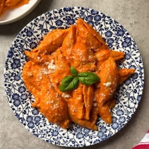 Pasta shells covered in creamy tomato sauce, garnished with grated cheese and fresh basil, served on a blue and white floral plate on a gray surface—an inviting unstuffed shells recipe perfect for any occasion.