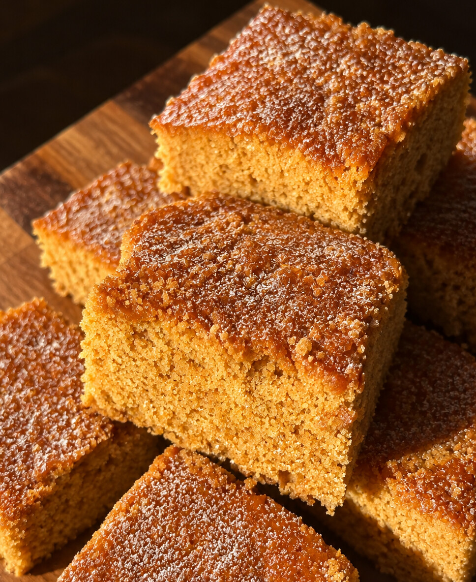Several pieces of golden brown cornbread are stacked on a wooden board, with a light dusting of sugar or powder on top, reminiscent of the cozy sweetness found in a traditional Gingerbread Cake.