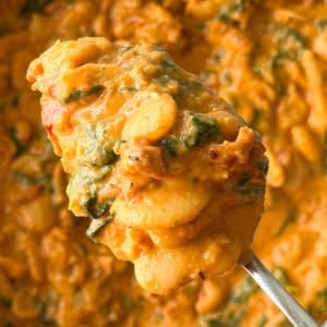 A spoonful of Marry Me Butter Beans in a creamy tomato sauce with spinach, held over a serving dish.