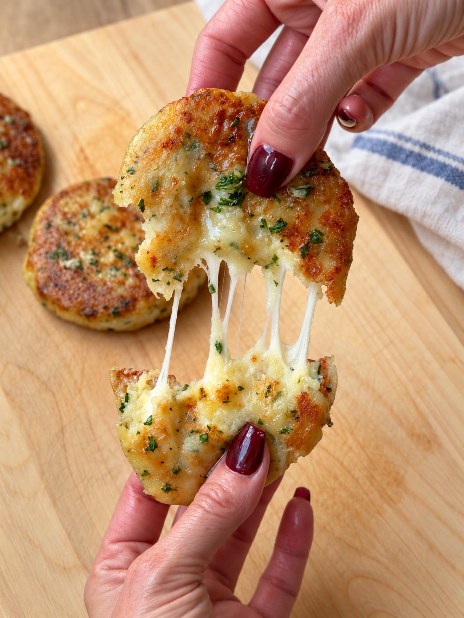 Hands pulling apart a crispy cheese and chive stuffed potato cake to reveal melted cheese strings.